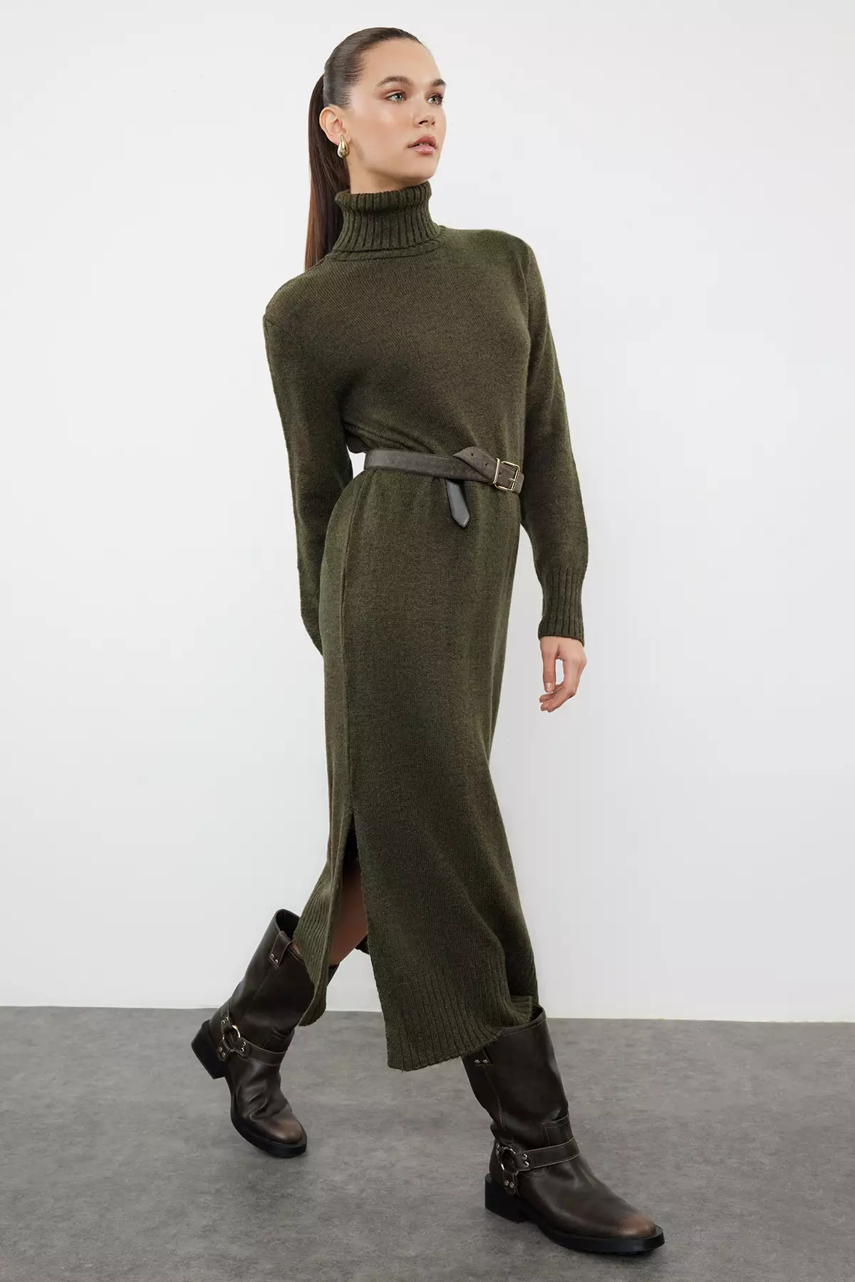 Khaki Midi Wide Fit Soft Texture Knitwear Dress