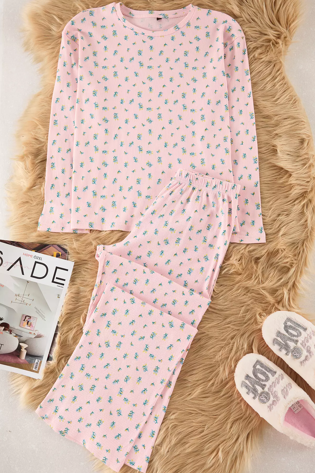 Pink Soft Touch Cotton Floral Ribbed Knitted Pajama Set