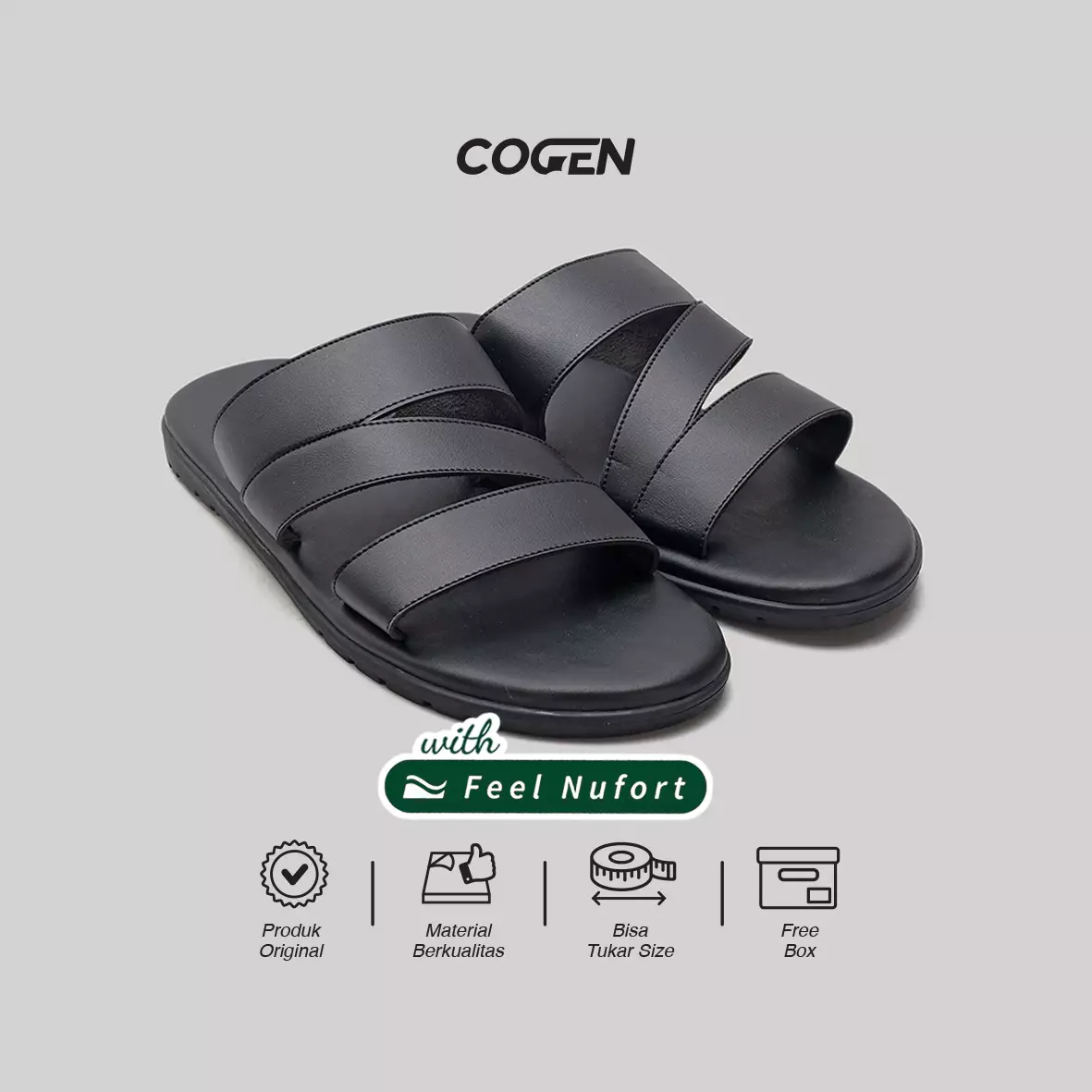 Cogen Sandal Pria Sendal Kulit Nyaman -  Feel Nufort - Cello Black Warna Cello Black