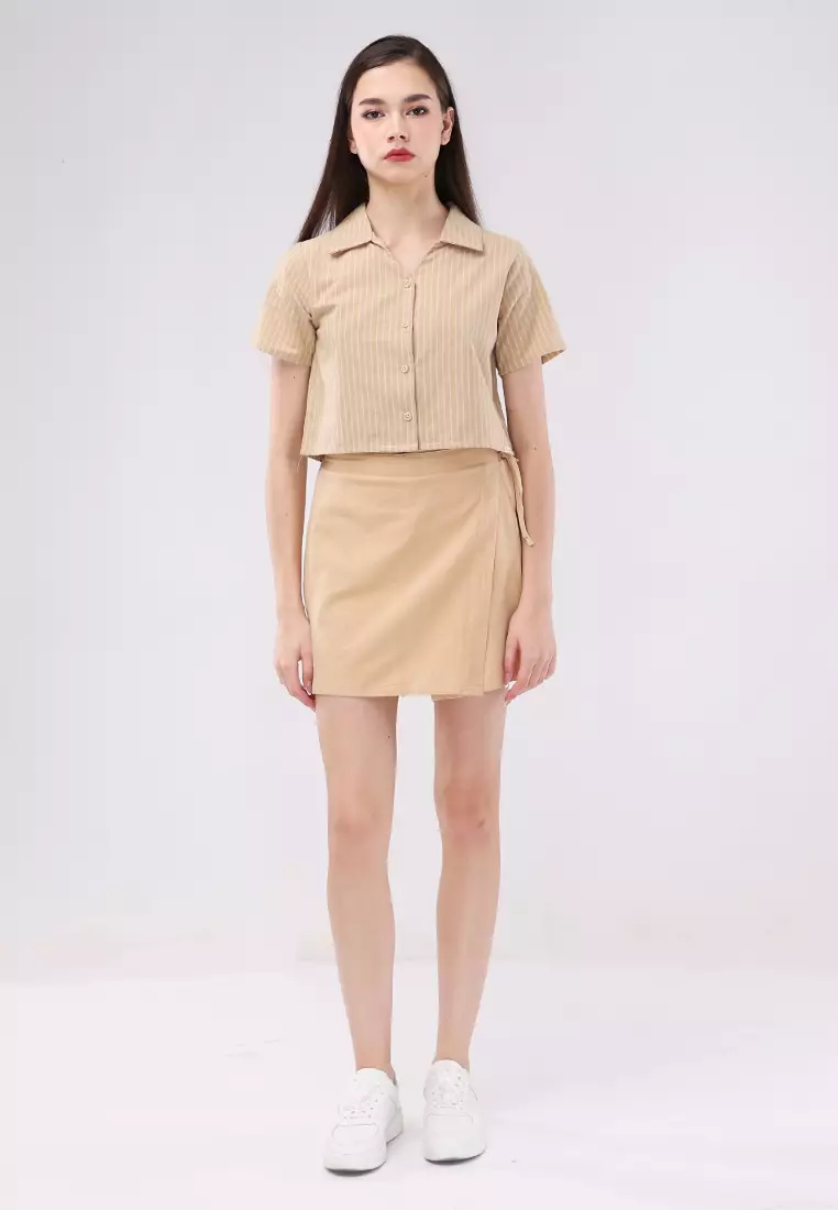 Woven Stripes Linen Short Sleeve Blouse/Skort