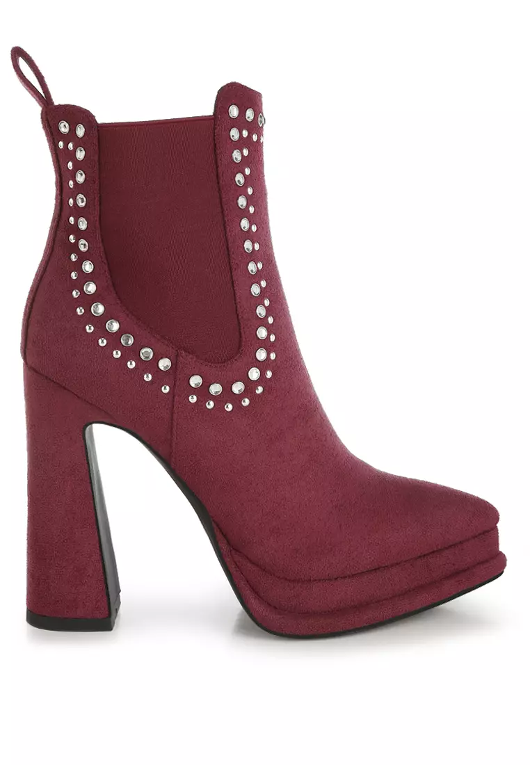 Discount on London Rag  shoes - SKU: Studs Embellished High Ankle Boots in Burgundy