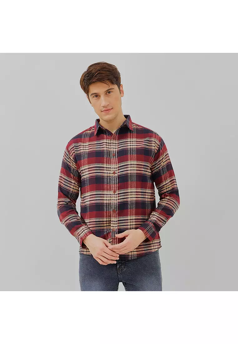 PAULMAY Kemeja Flanel Pria Lengan Panjang Merah 6712