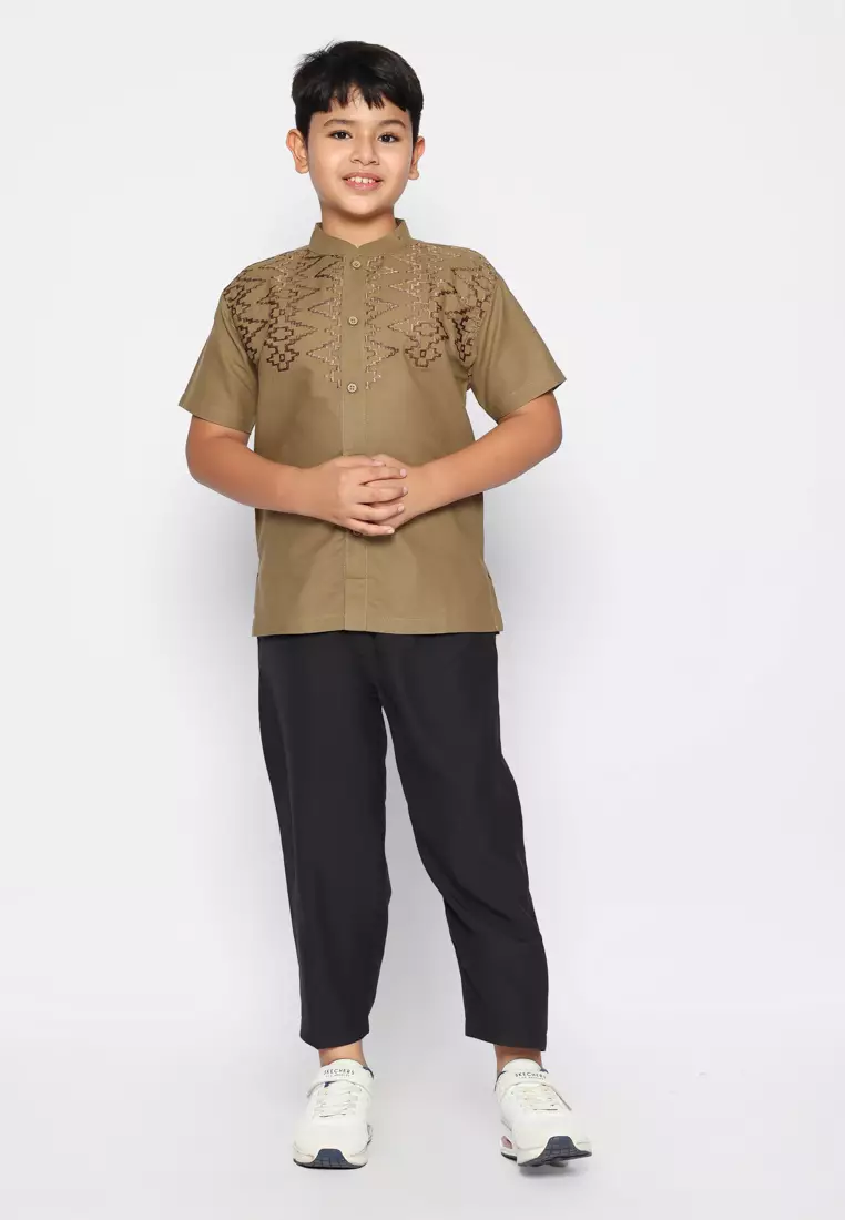 Baju Koko Set Anak Laki Bordir Vertical Dark Green - GENUINE