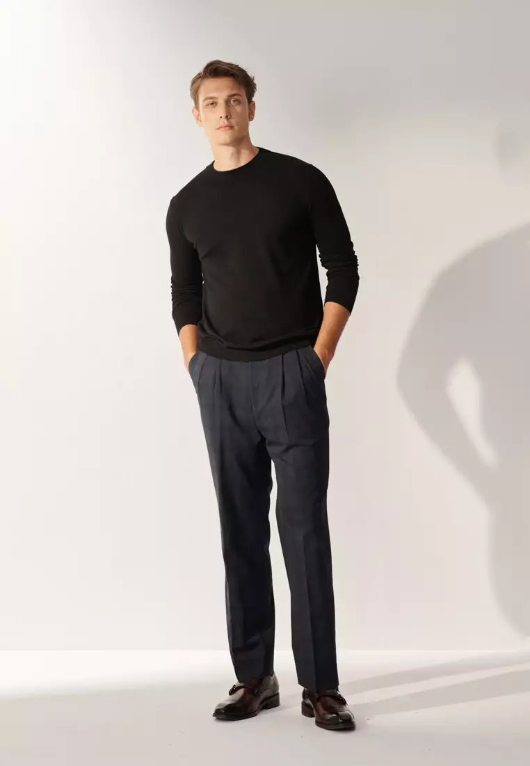 經典款海軍藍格紋寬鬆西裝褲