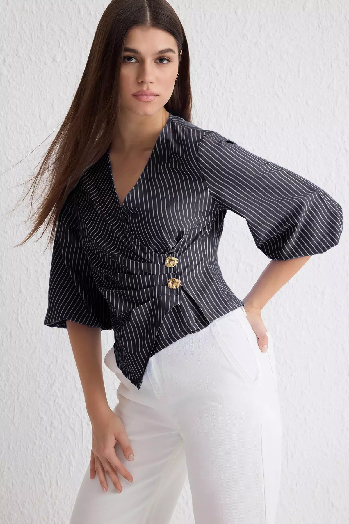 Black Double Breasted Striped Blouse