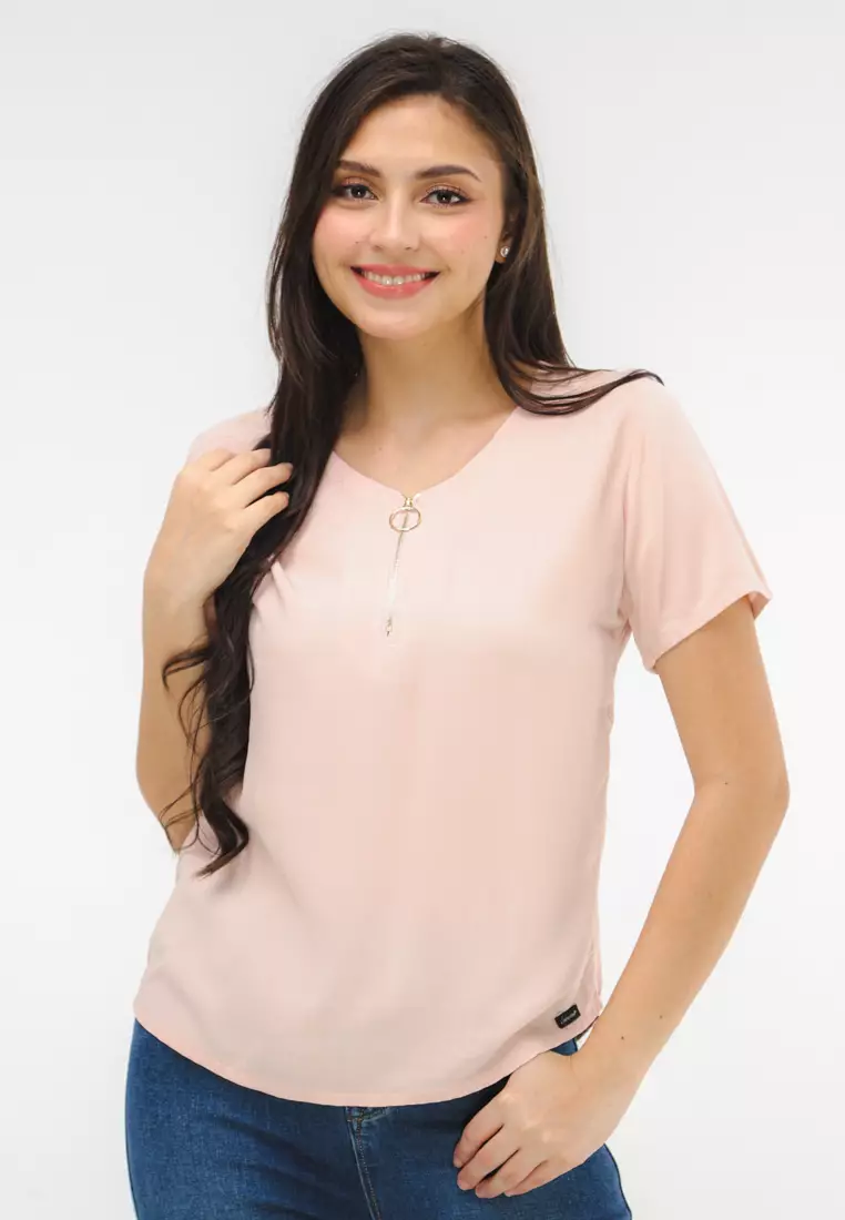 Woven Plain Rayon Short Sleeves Blouse