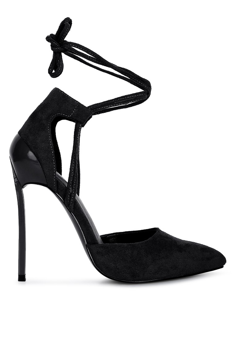 Black Lace Up Stiletto Heel Suede Sandals