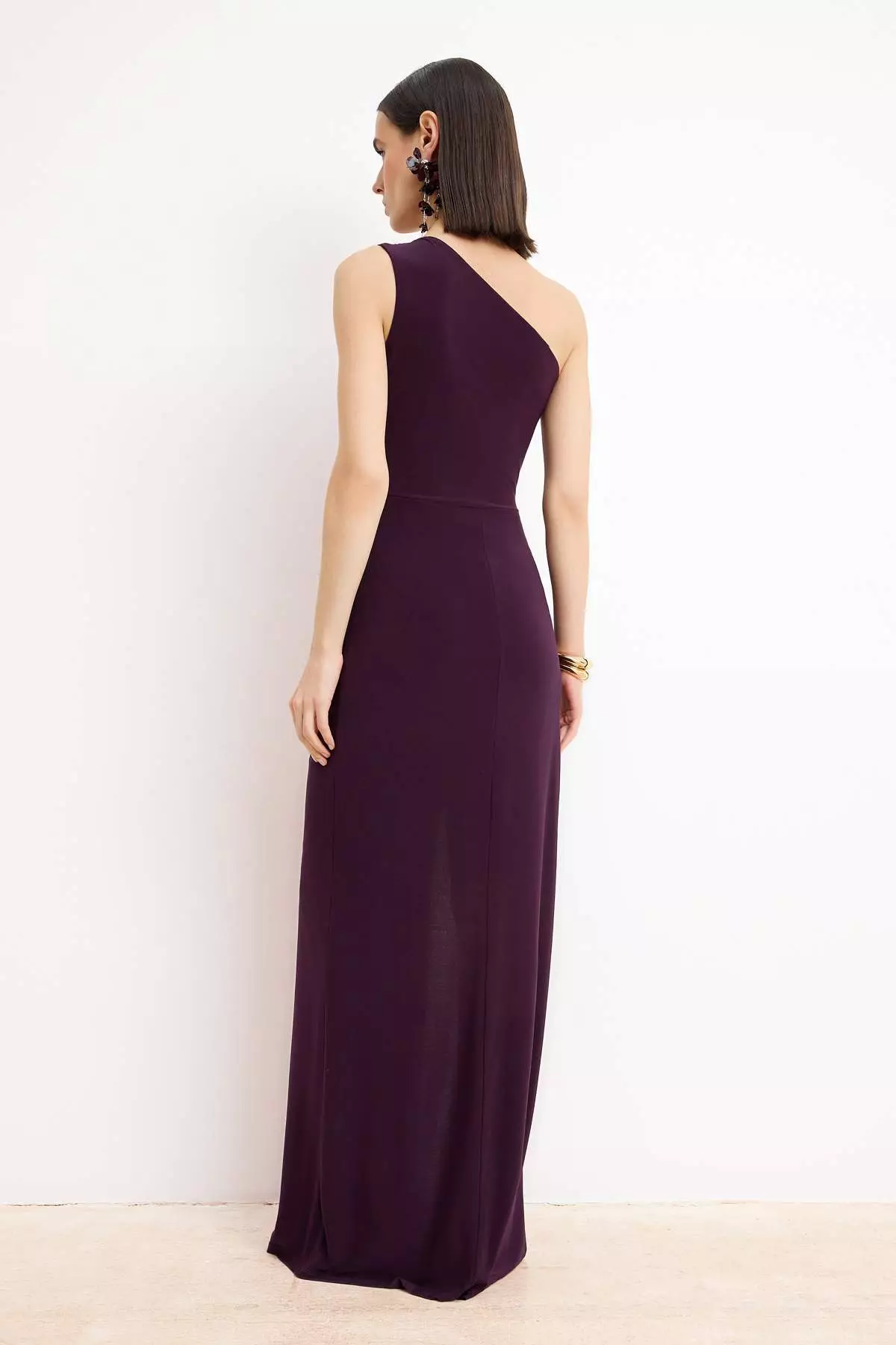Plum Plain Straight Cut Accessory Detailed Knitted Sandy Maxi Evening Dress & Graduation Dress
