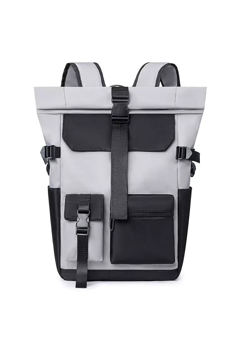 Men's Plain Capacious Wear-resistant Oxford Cloth Buckle Backpack - Light Grey