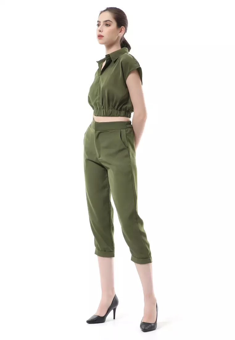 Nayra One Set Setelan Atasan Crop Karet Lengan Pendek Basic Pants Wanita Material Dolce ORIGINAL - Army