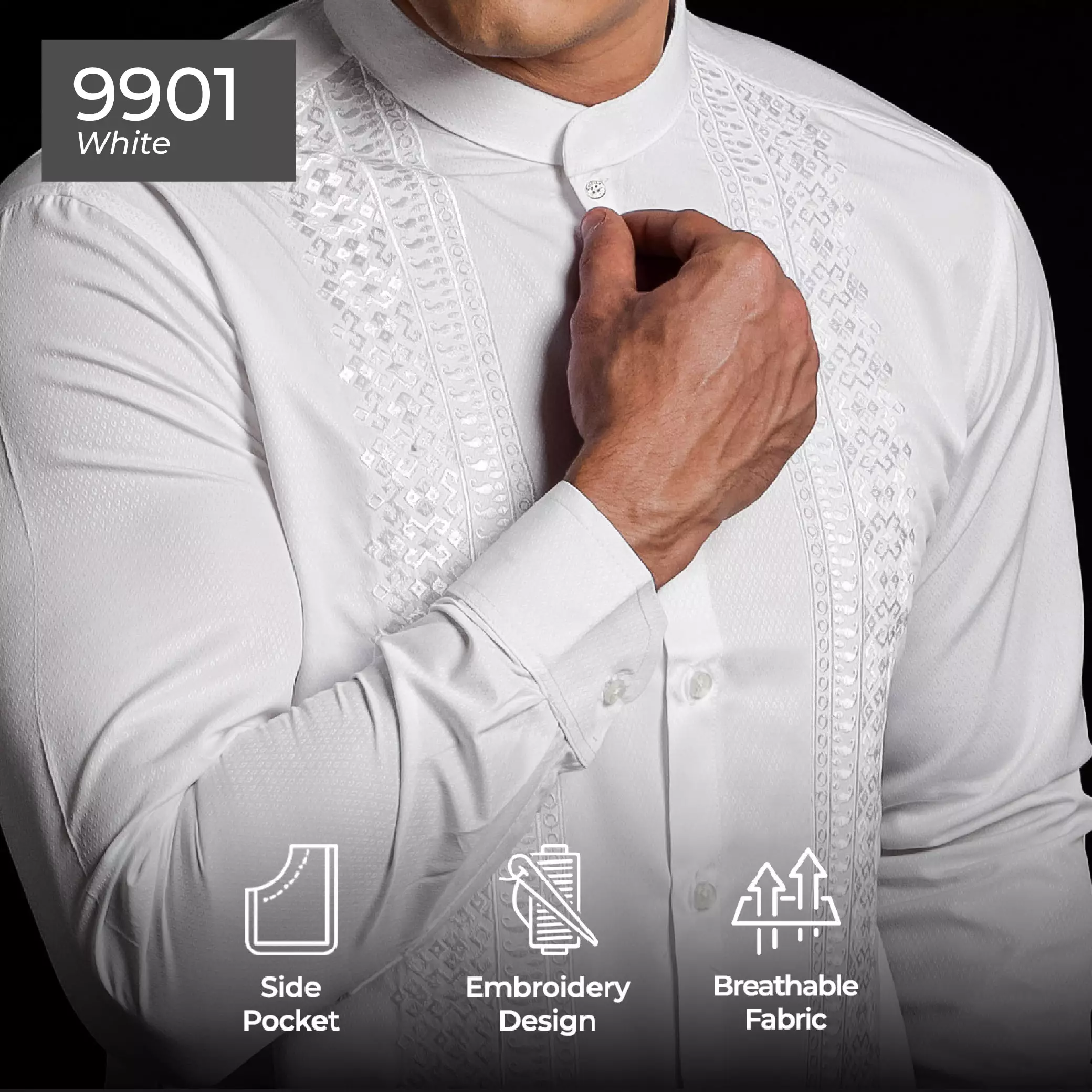 Casella Baju Koko Pria Lengan Panjang Exclusive | Baju Koko Putih Ibrahim Lengan Panjang 9901 White