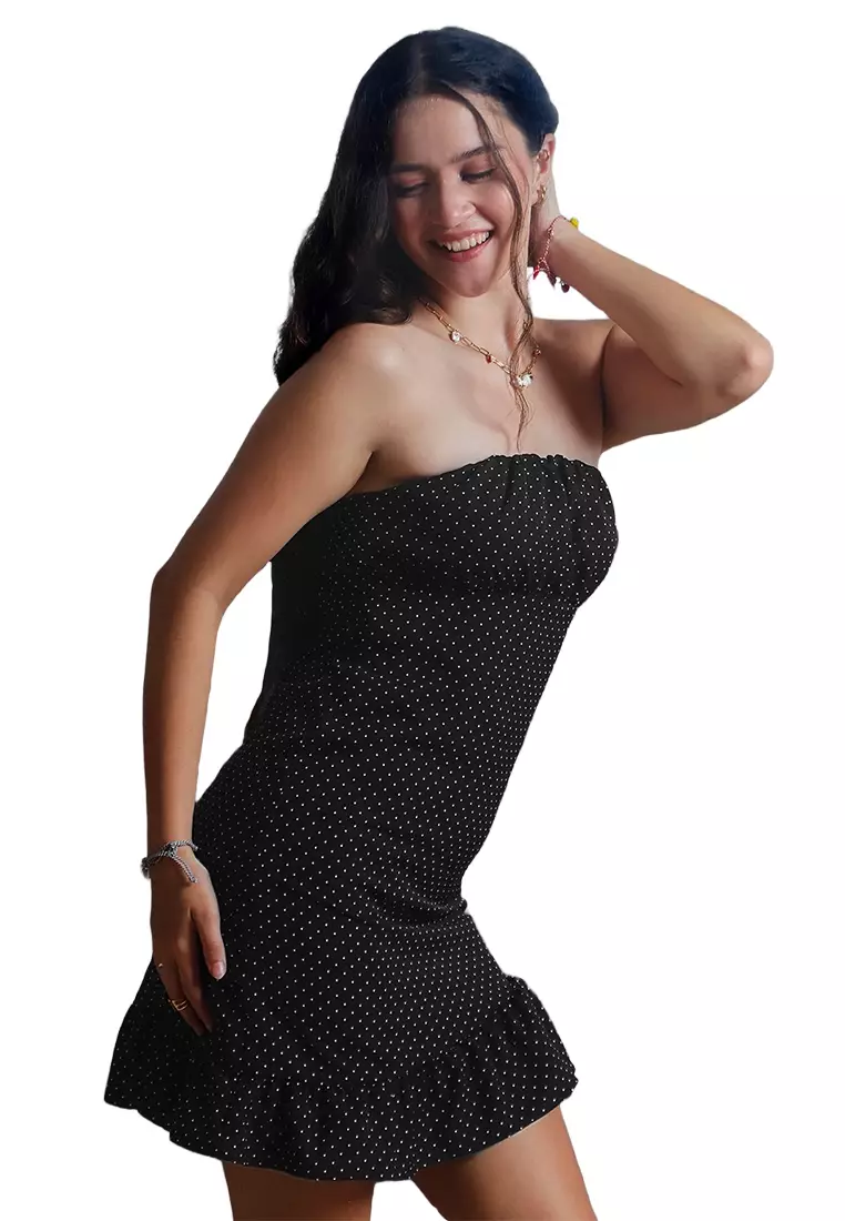 Strapless Polka Dot Tube Dress with Asymmetric al Ruffled Hem