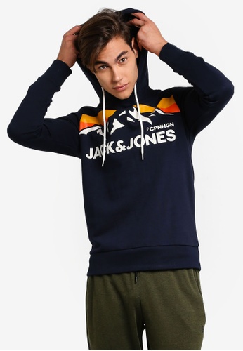 Shop Navy Jack Jones Wilmer Front Logo Print Hoodie For Men Nisnass