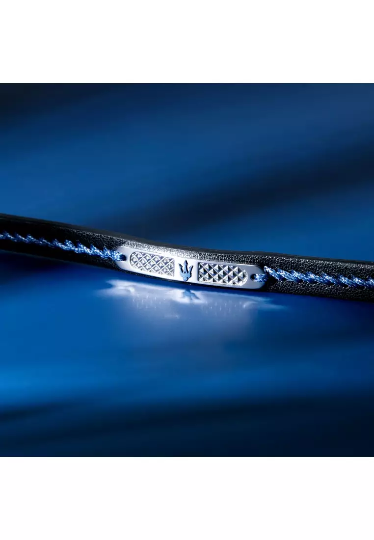Maserati Leather Bracelet ,Men's Jewels ,Stainless Steel,19+3.5cm, Blue Recycled Leather, JM525AVE32（Adjustable）