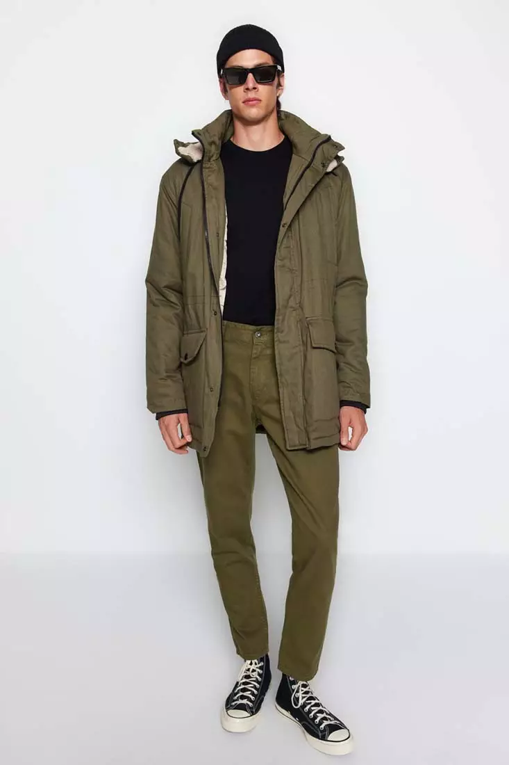Khaki Men Regular Fit Gabardine Parka Winter Coat