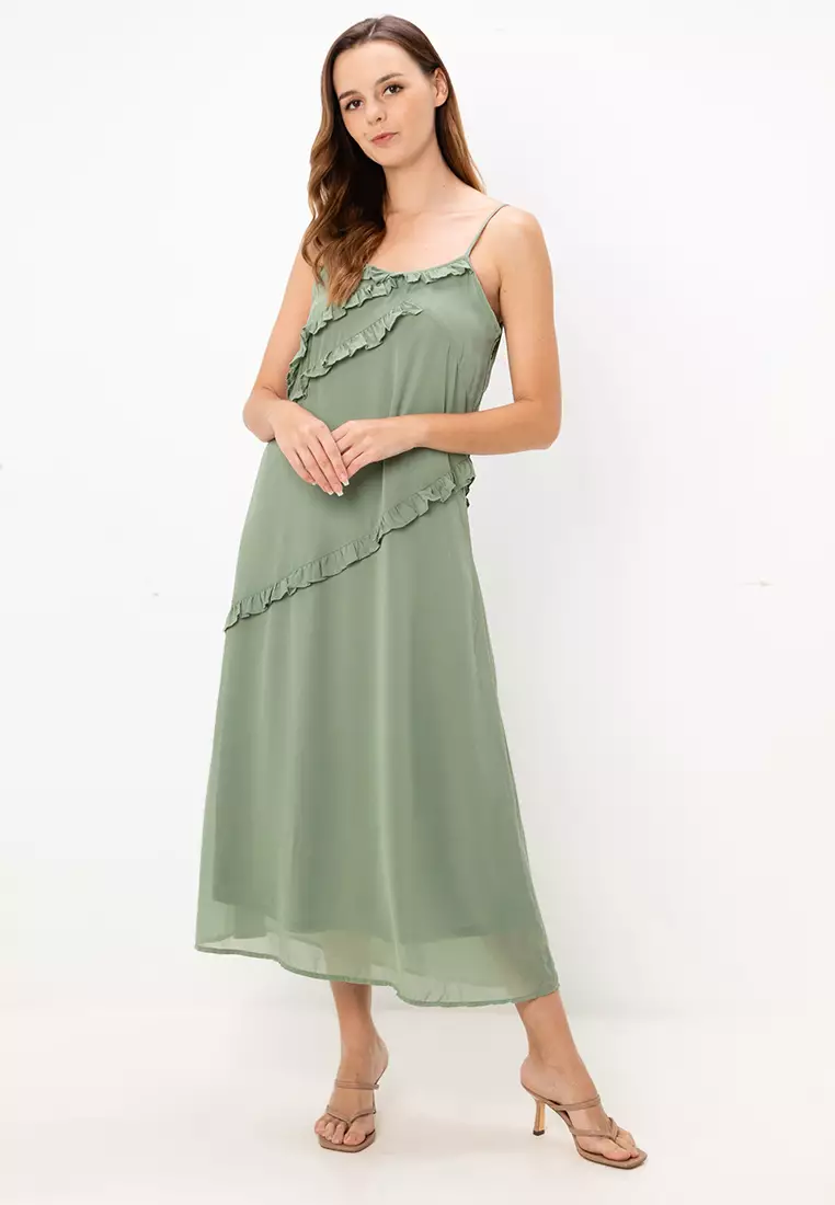 Star Life Strap Frill Midi Dress