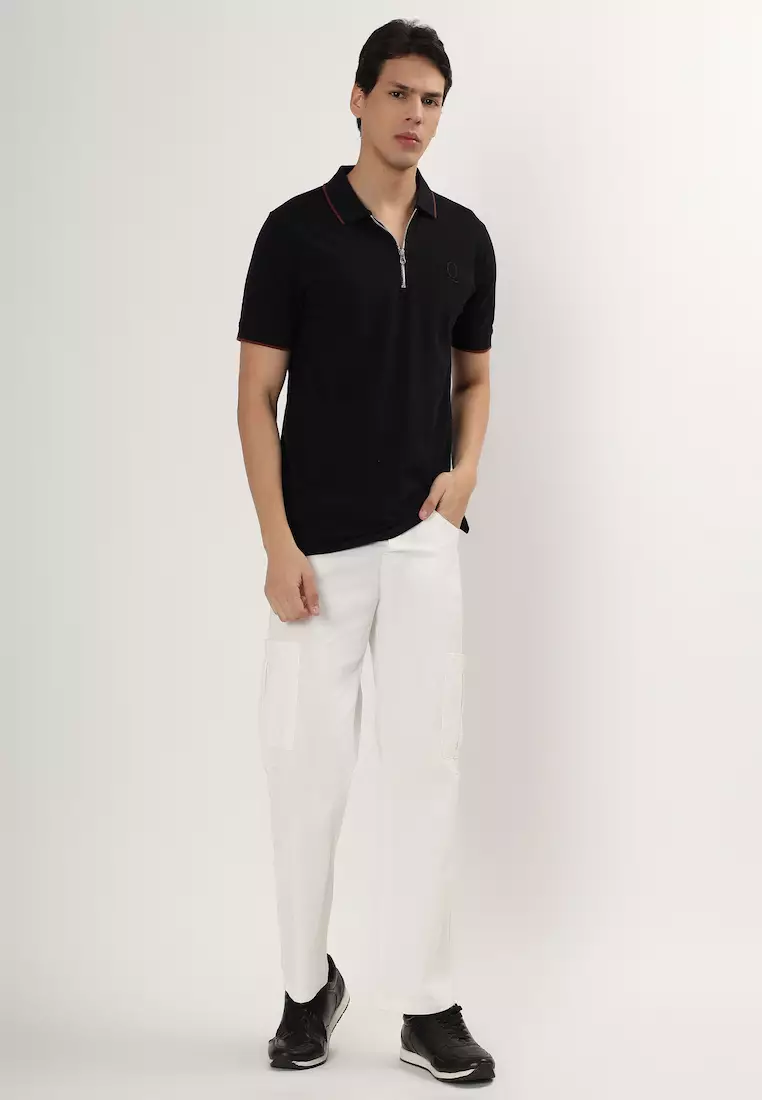 Mens Black with Brown Tipping Collar Cotton Polo Shirt/T-Shirt With Zip, Short Sleeve, Relaxed Fit, Smart Casual, Loungewear