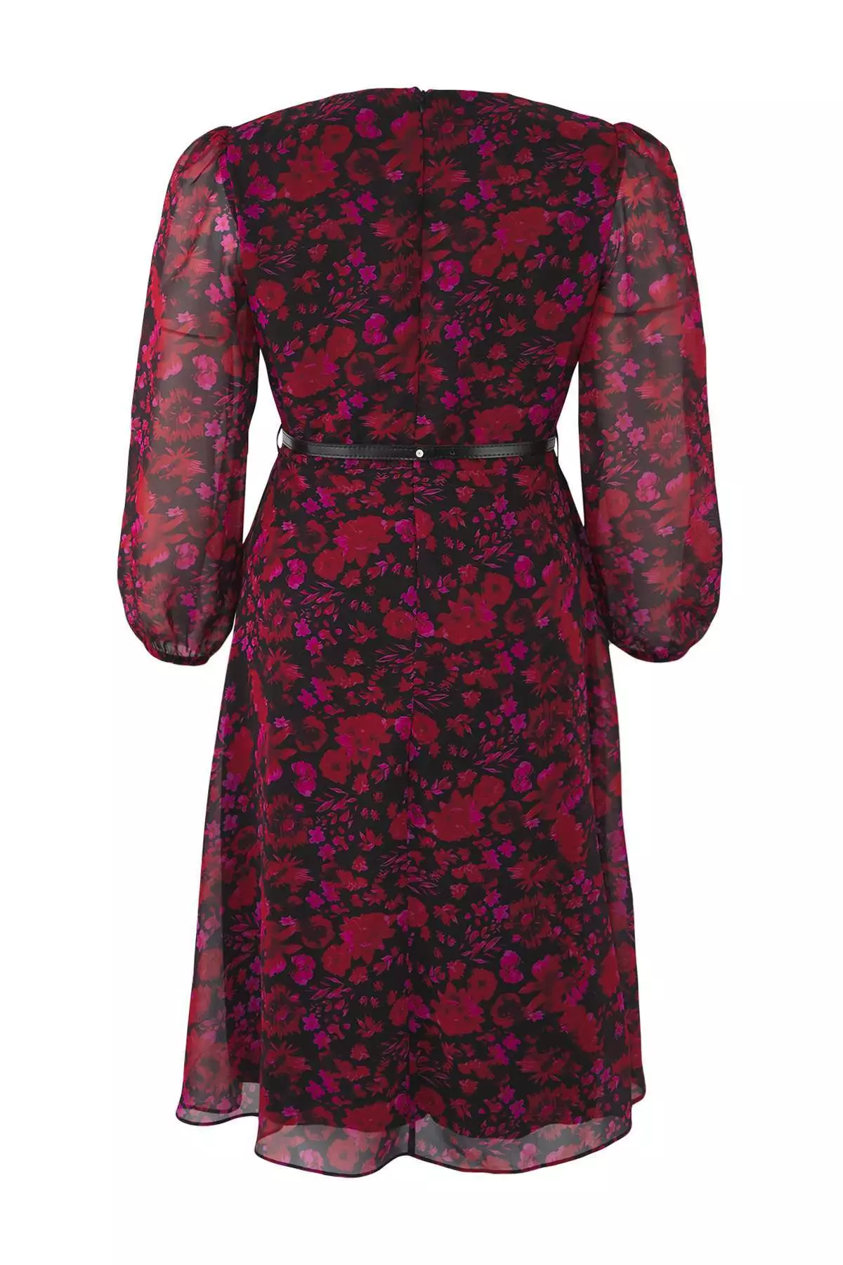 Burgundy Floral Belted A-Line Midi Double-Breasted Patterned Chiffon Woven Dress