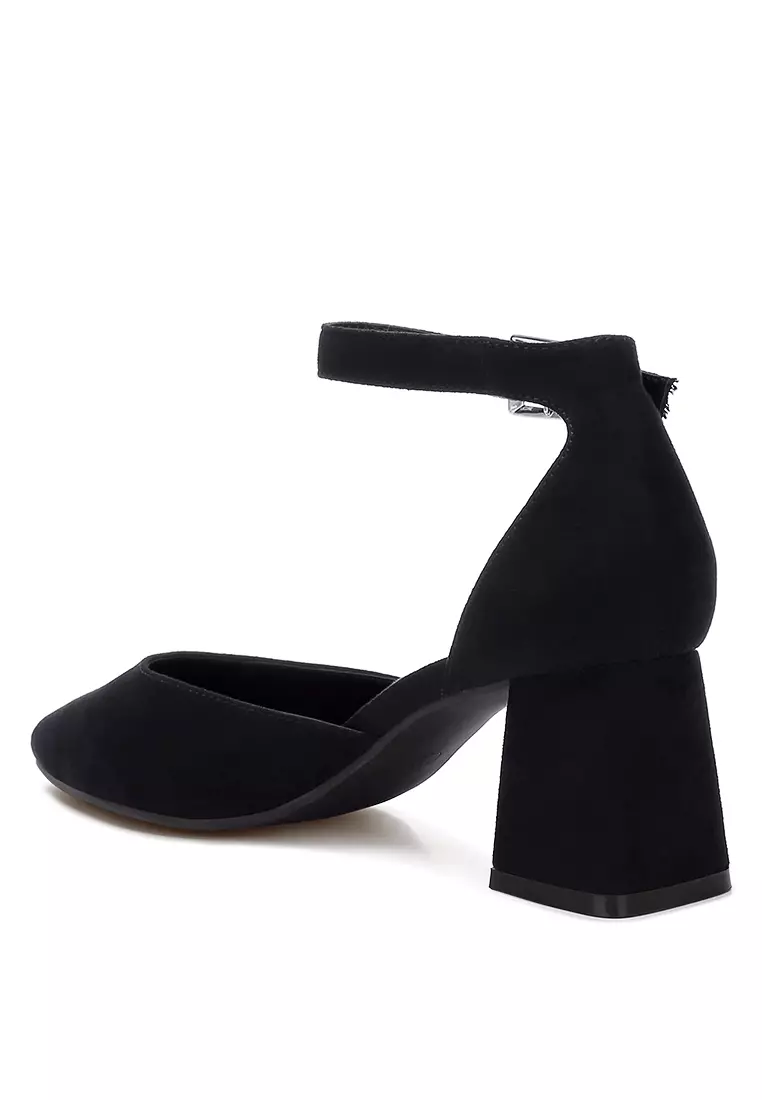 Microfiber Block Heel Sandals in Black