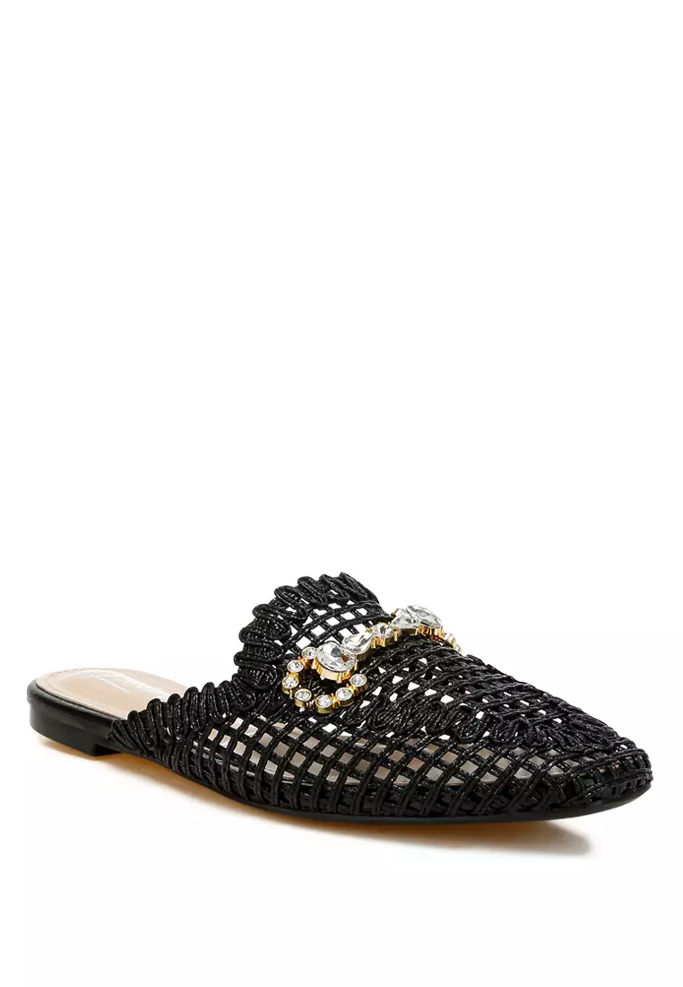 Metallic Woven Diamante Mules in Black