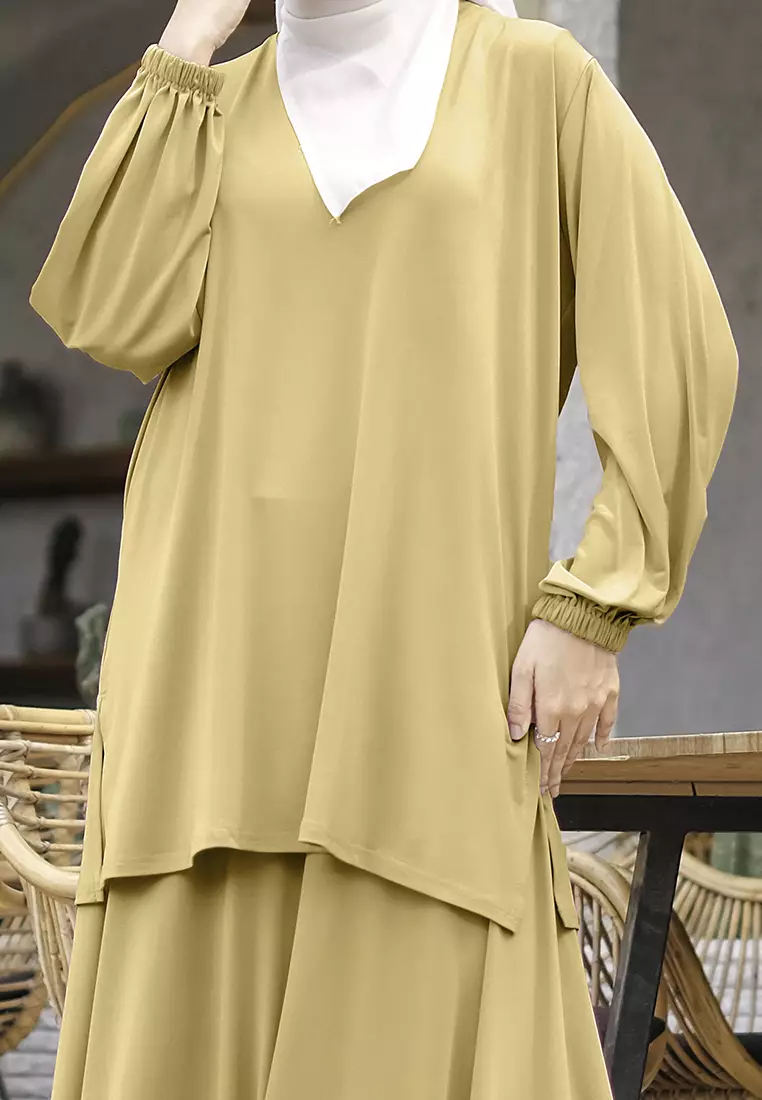JV Hasanah Oneset Skirt Jersey Baju Kurung Beige - Setelan Rok Jersey Baju Kurung Jumbo