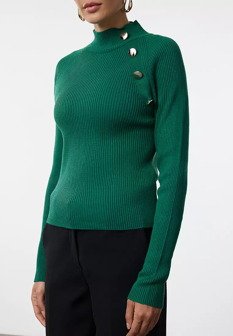 Green Button Stand Collar Detail Slim Fitted/Full Body Knitwear Sweater
