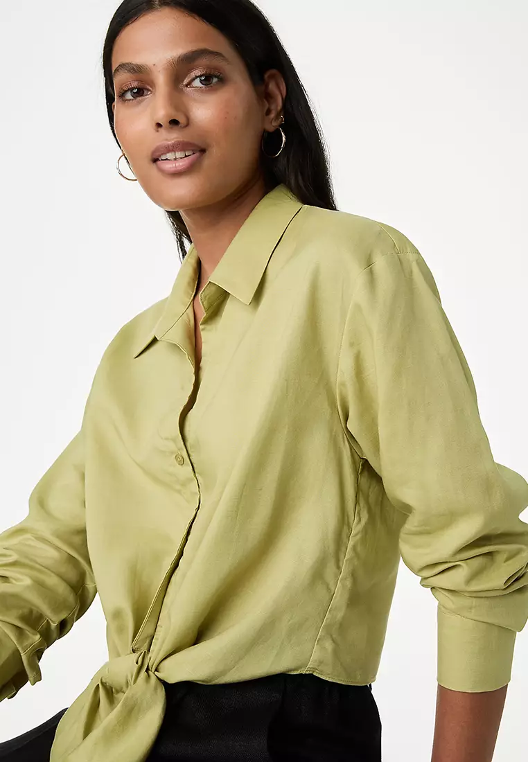 Lyocell Rich Tie Front Shirt With Linen