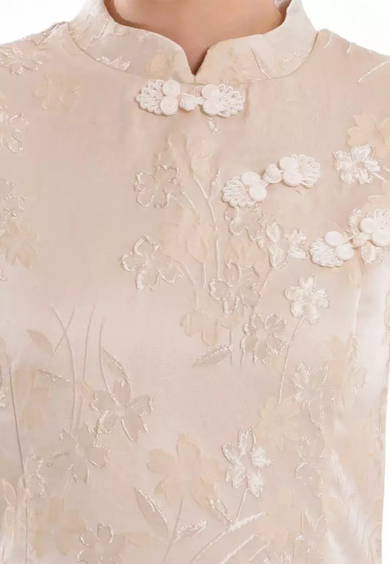Forest Ladies CNY Cheongsam Jacquard Short Sleeve Dress - 885141-15Beige