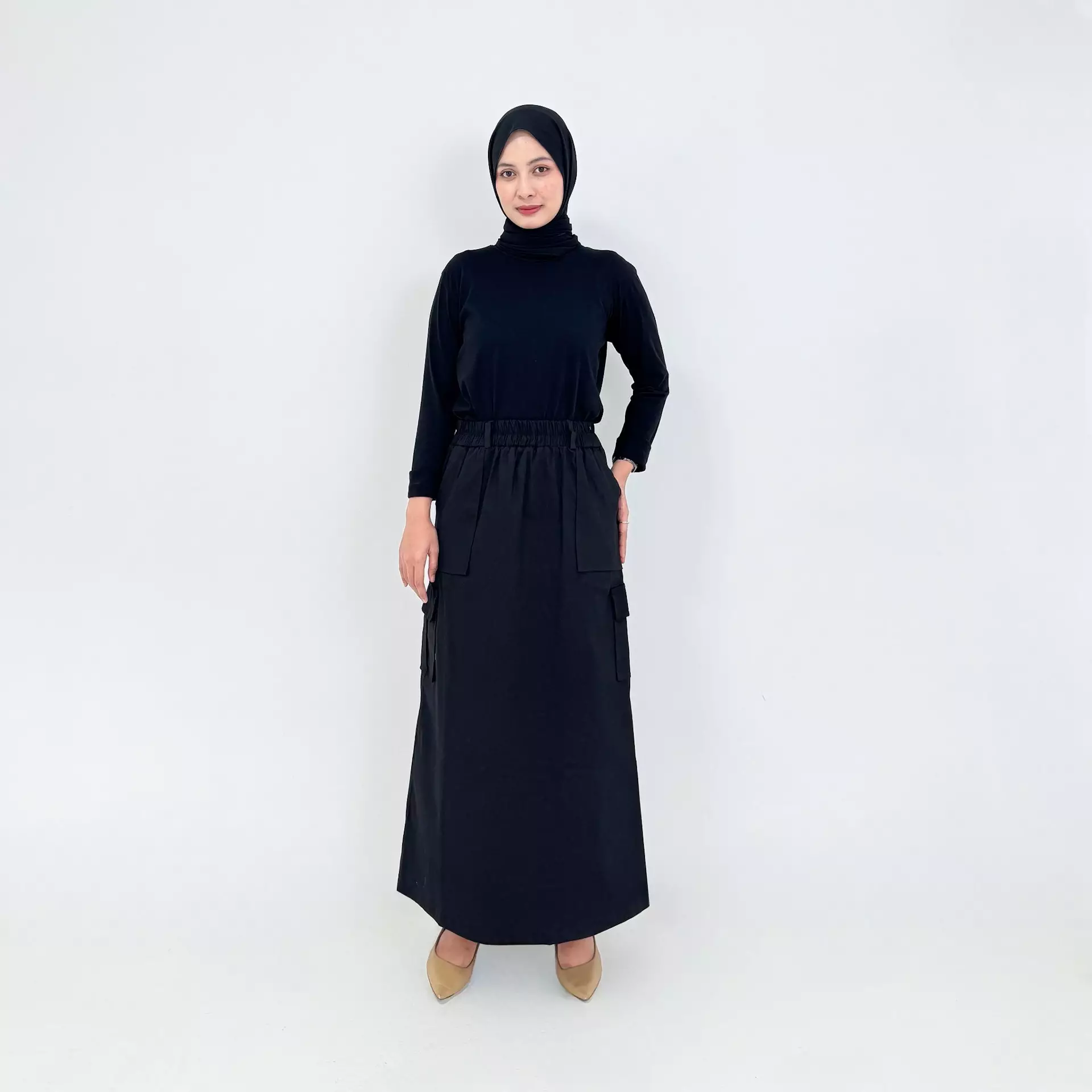 Rok Panjang Cargo Twill Keisha - HITAM