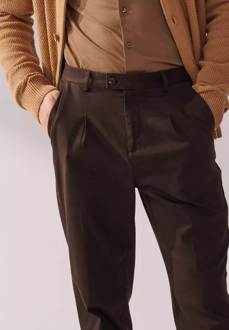 Dark Brown Regular-Fit Stretch Casual Pants