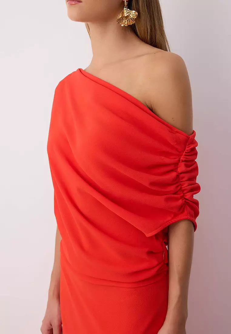 Red A Line Boat Neck Midi Stylish Dress