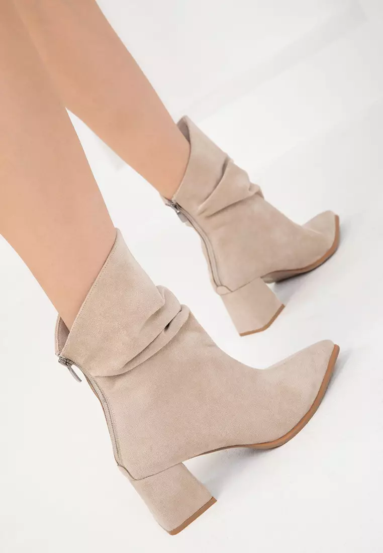 Ruched Pointed Toe Heeled Ankle Boots