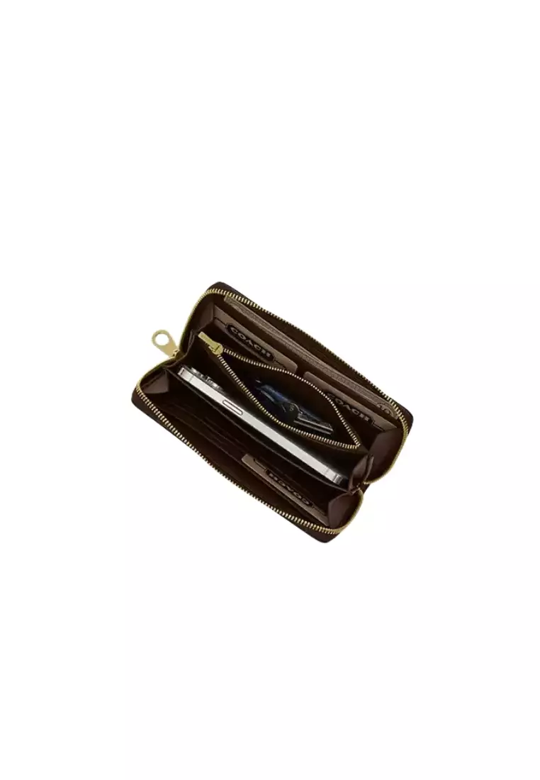 Coach Coach Long Zip Around Wallet Signature Canvas In Tan Brown