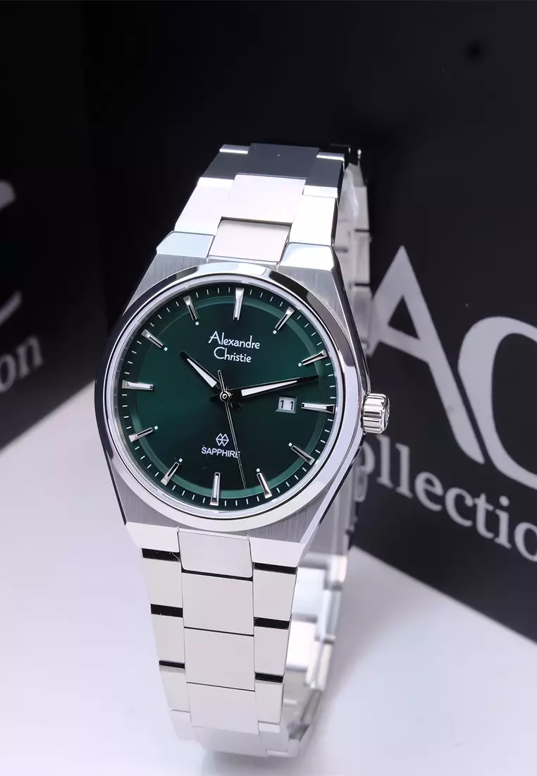 Alexandre Christie Sapphire Glass Jam Tangan Analog Wanita Silver Green Stainless Steel - 8697 LDBSSGN
