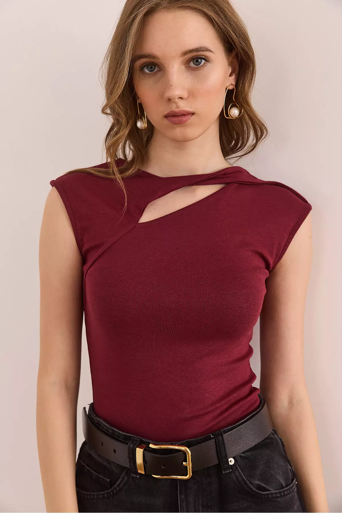 Women's Burgundy Drop Low-Cut Shoulder Detailed Cotton Modal Blouse Blz- 19002881
