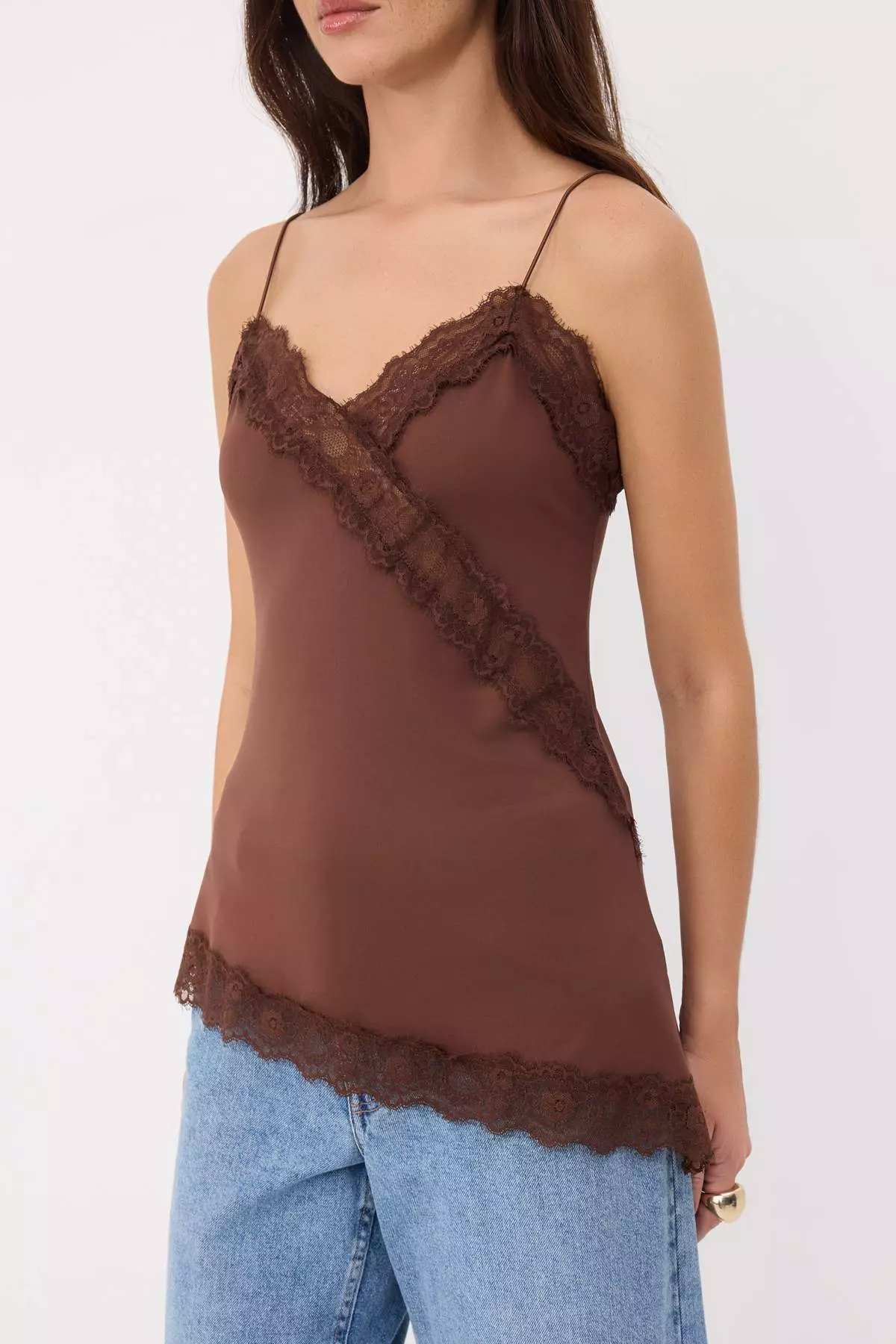 Brown Regular/Normal Fit V-Neck Sleeveless Lace Detailed Crepe Knitted Blouse Twoss26Bz00825