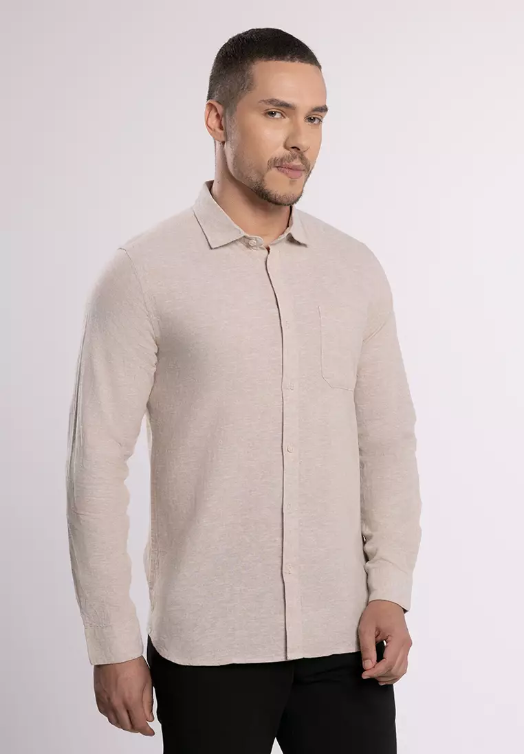 MOC - Kemeja Polos Pria Lengan Panjang Ford - Beige
