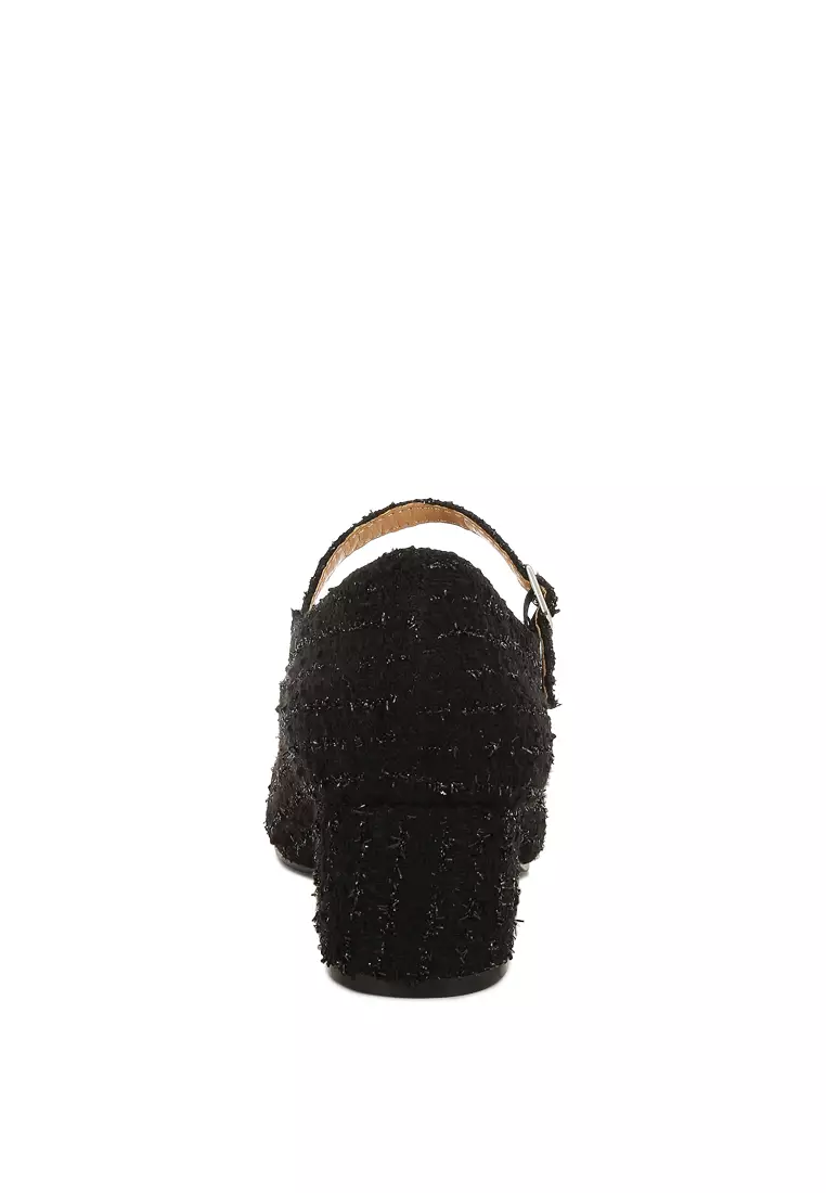 Sandal Mary Jane dari bahan Tweed berwarna hitam