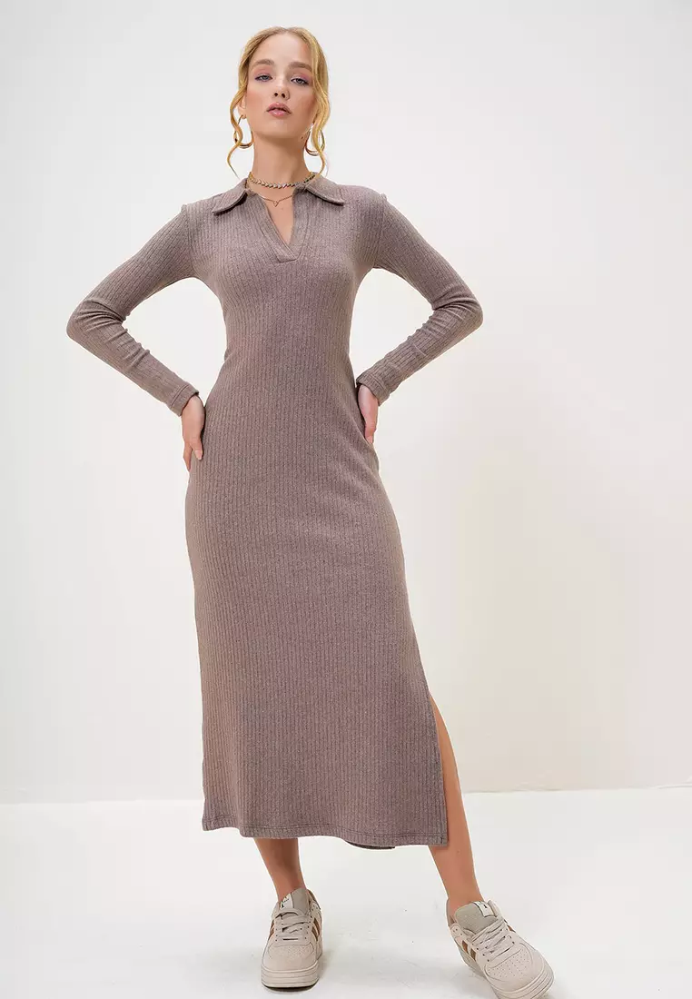 Women's Mink Polo Collar Half Placket Side Slit Interlock Fabric Dress