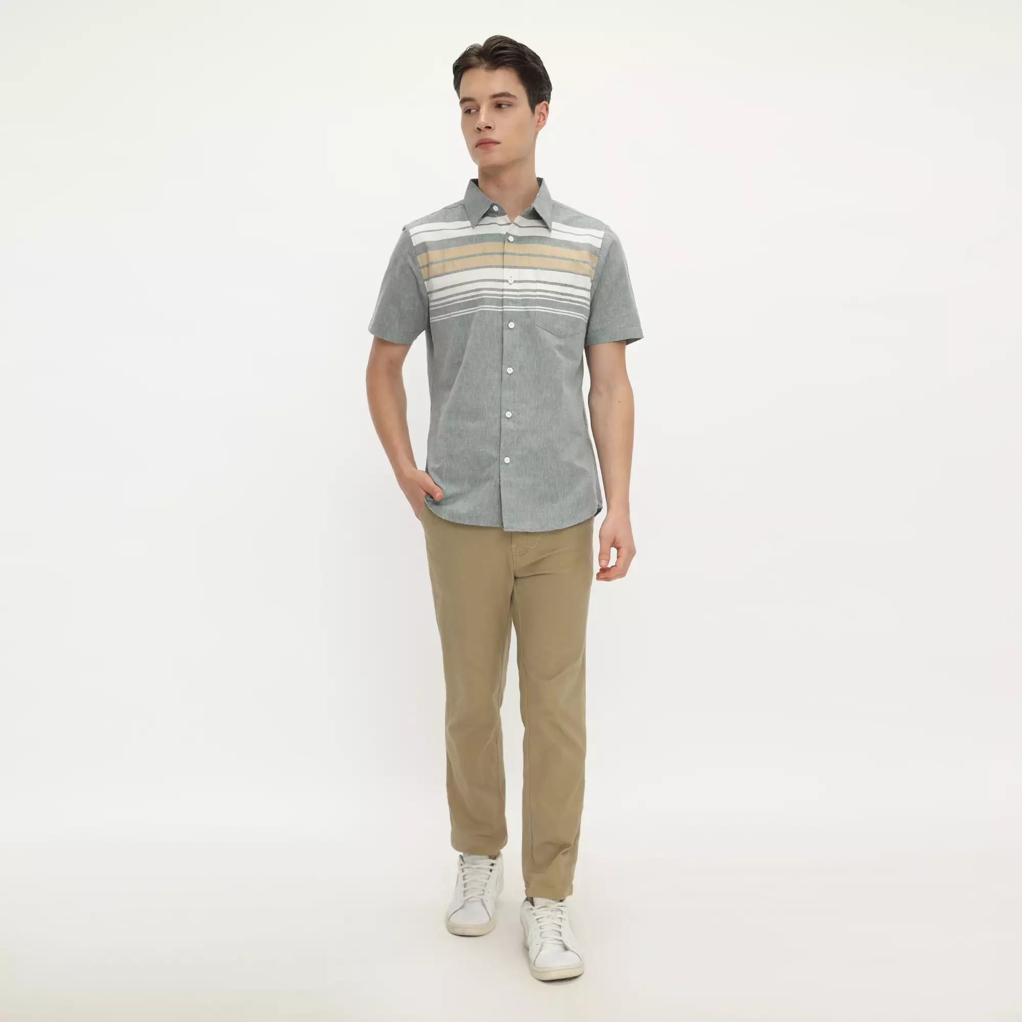 Platini Kemeja Motif Salur Pria Lengan Pendek Katun Grey 73488