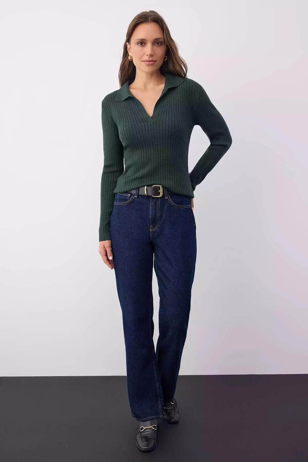 Wardrobe Essentials Emerald Green Premium Yarn Polo Neck Ribbed Knit Sweater | Twoaw26Kz00077