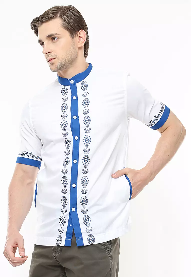 Johnwin - Baju Koko - Kemeja Koko - Salur - Bordir - Putih - Slim Fit - ASH.680.S458K.169.C-S/S