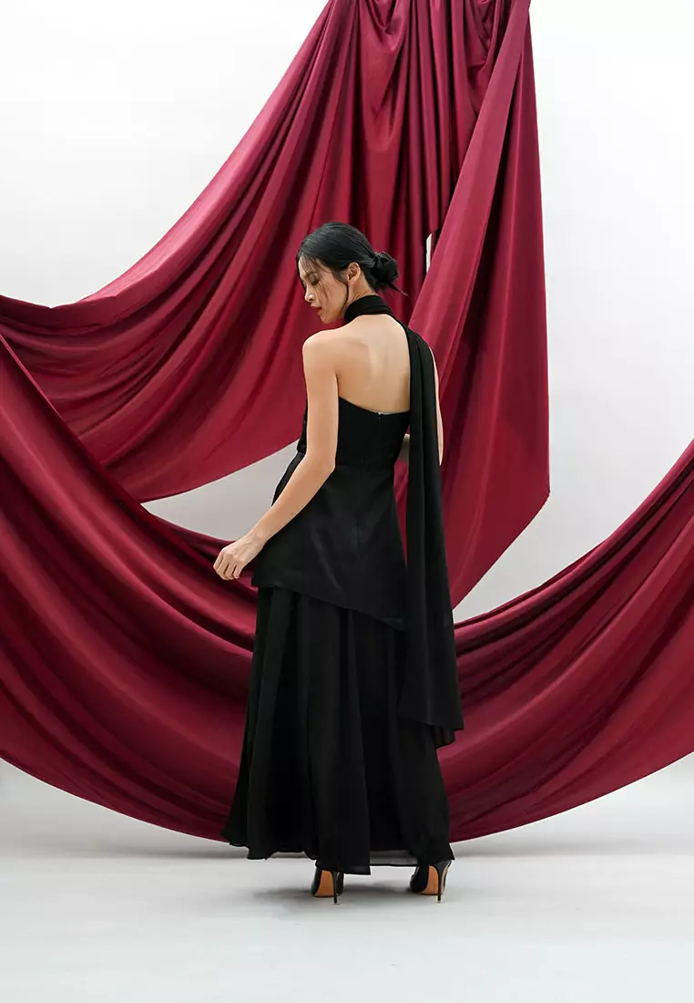 Tube Chiffon Maxi Dress with Scarf in Black