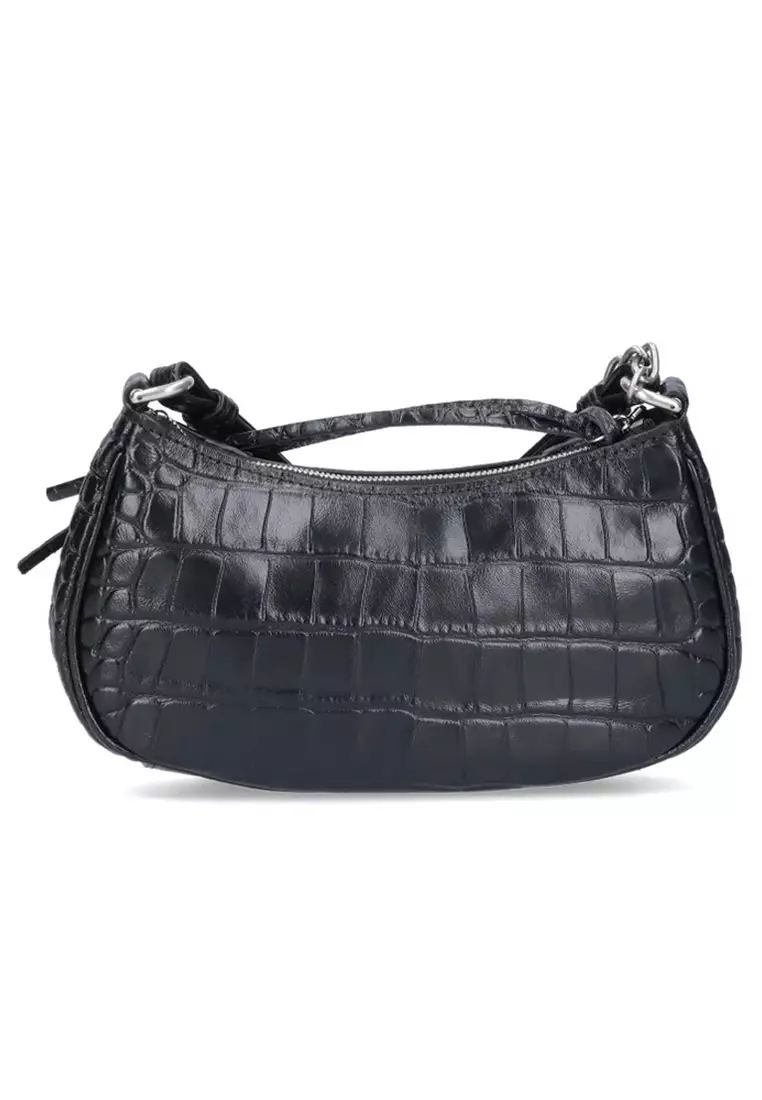 Chain Crocodile Embossed With Rhinestones Le Cagole Mini Shoulder Bag in Black