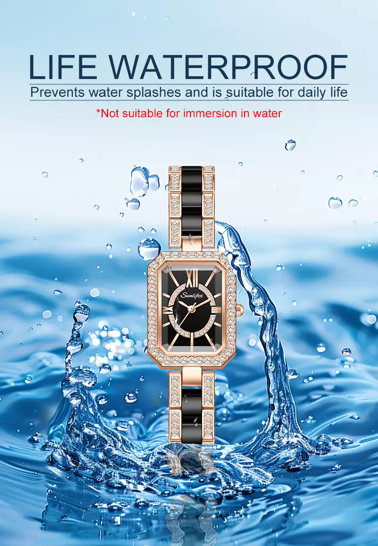 Jam Tangan Wanita Original Korea Kuasar Berlian Square Tali Stainless Steel Anti Air Jam Tangan Cewek black