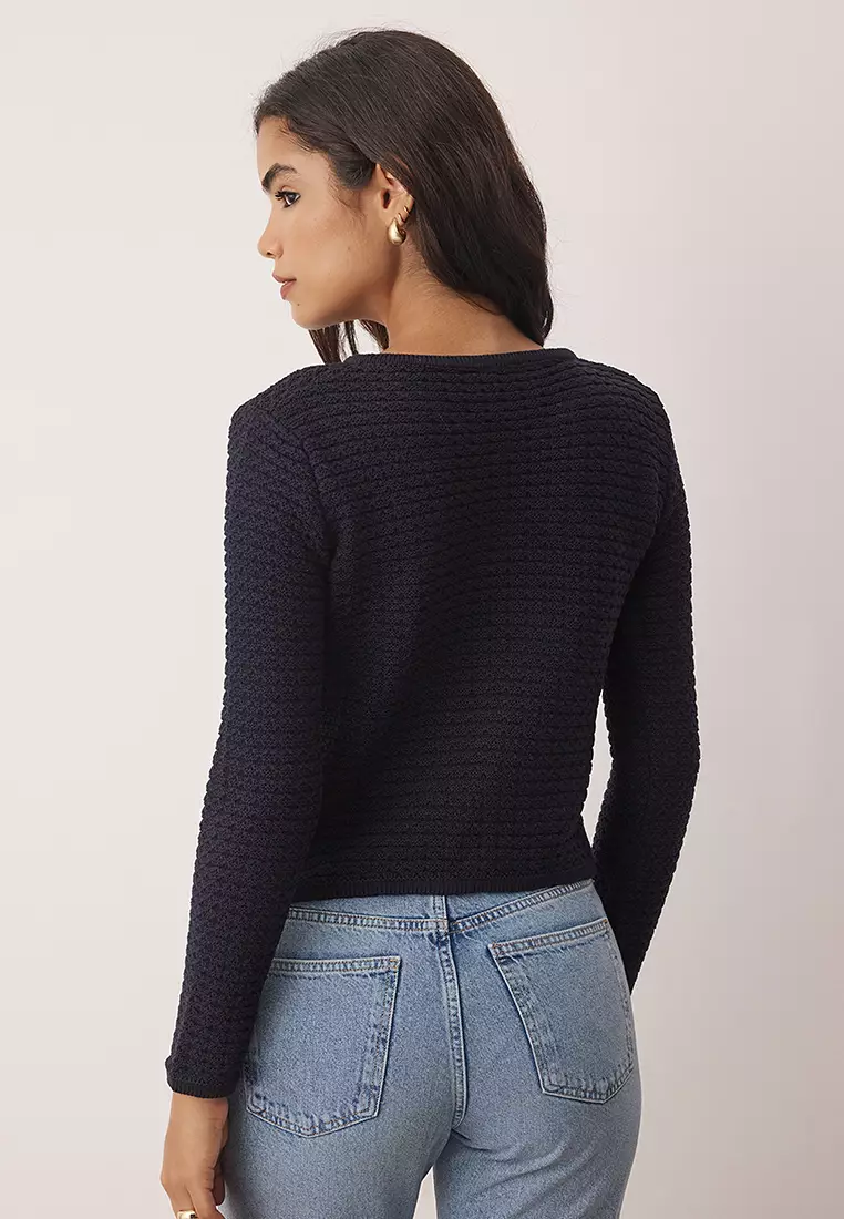 Navy Blue Textured Cotton Look Knitwear Cardigan Twoaw26Hi00186