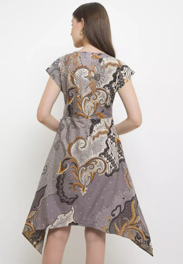 Dress Wanita Batik Furing Lining Aronia Lengan Pendek