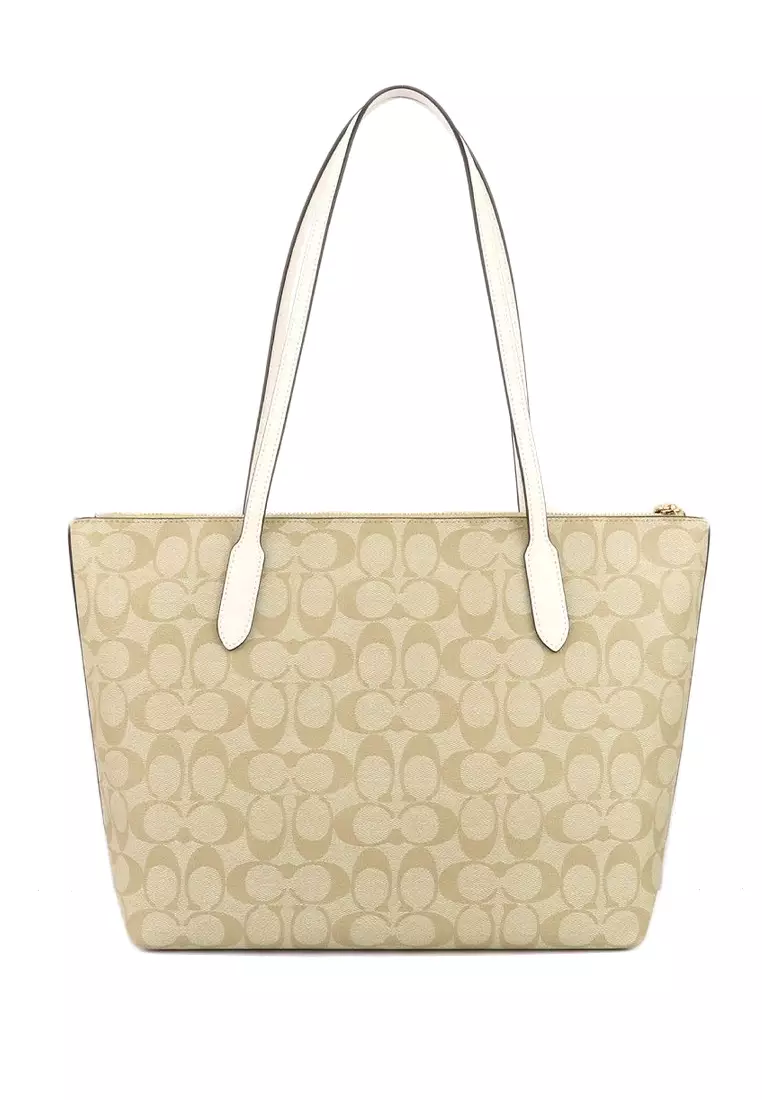 Zip Top Tote In Signature Light Brown/White - Brown