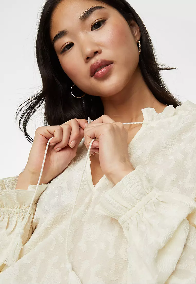 Jacquard Tie Neck Popover Blouse