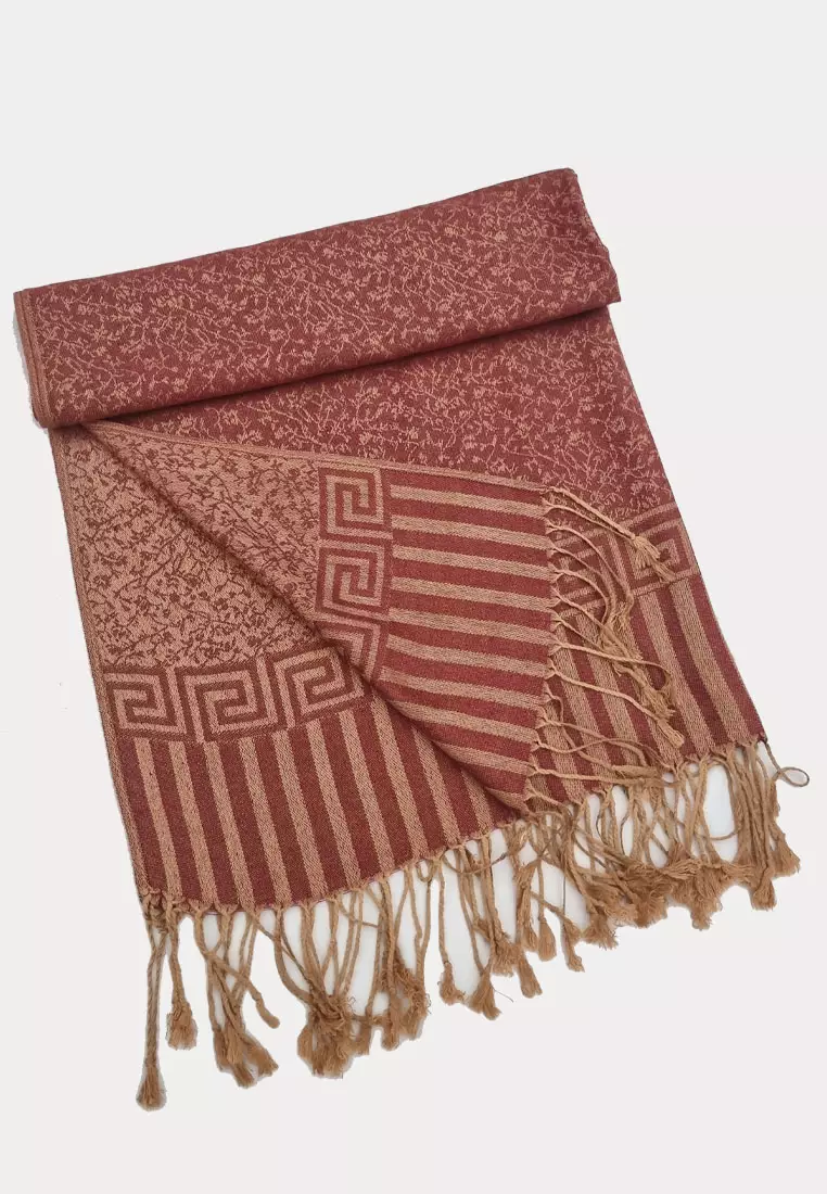 Reversible Viscose Floral Pattern Pashmina Shawl Syal Wanita Saffron Red